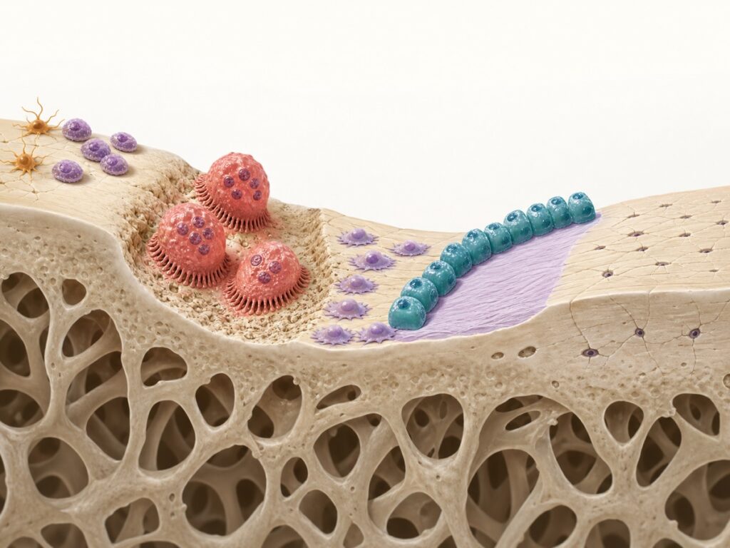 Custom medical illustration showing a bone remodeling sequence from resorption to new bone formation.